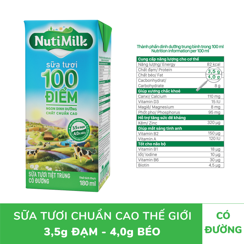 Thùng 48 Hộp NutiMilk Sữa tươi 100 điểm - Sữa tươi tiệt trùng Có đường 180ml TU.STCD180TI NUTIFOOD