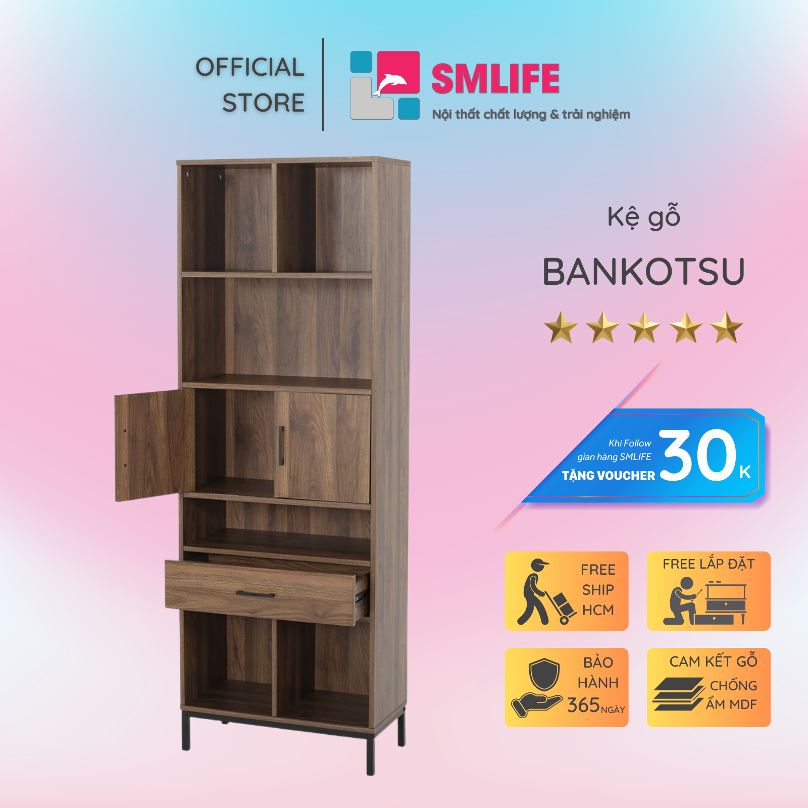 Kệ sách, kệ trang trí gỗ hiện đại SMLIFE Bankotsu | Gỗ MDF dày 17mm chống ẩm | D60xR30xC172cm