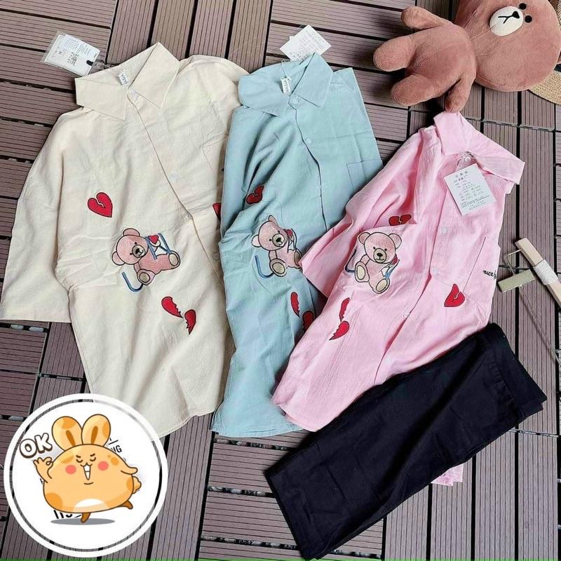 Set Bộ Đồ Nữ Áo Sơ Mi Tim Gấu + Quần Legging Ngố