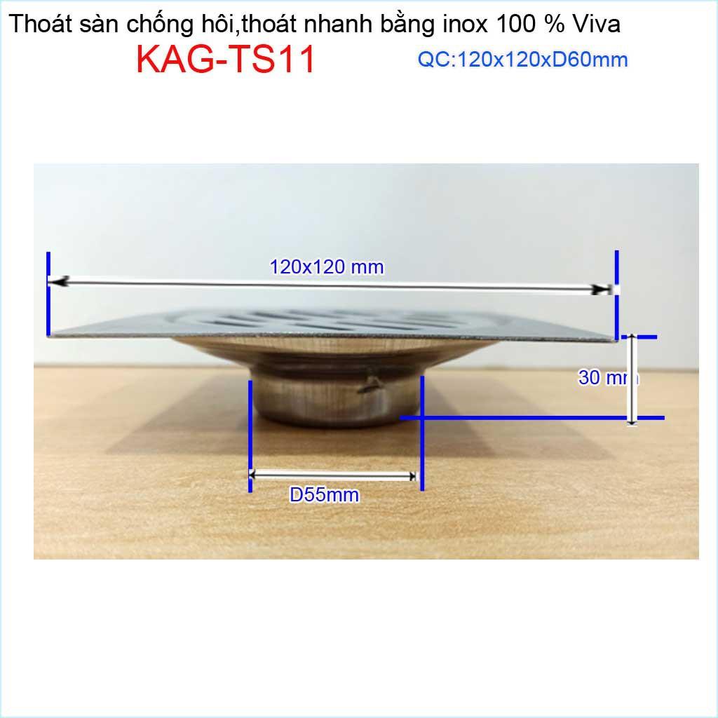 Hố ga thoát sàn inox đúc liền ống 6cm Inox mờ, phễu thoát nước chống hôi D60 vuông 12x12cm KAG-TS11