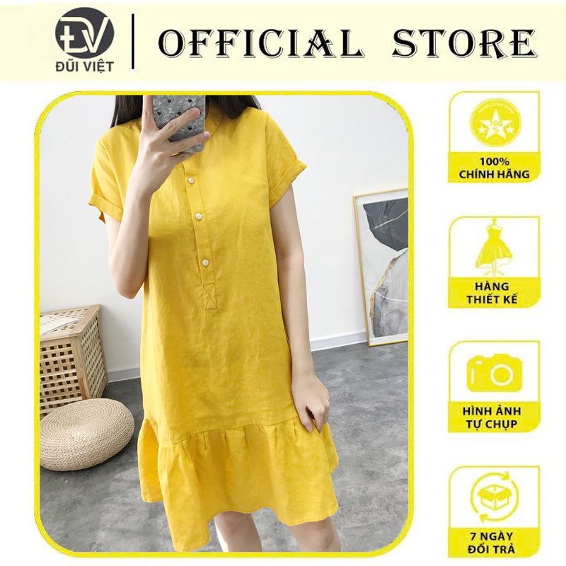 Đầm Linen suông đuôi cá, Váy midi nữ cổ trụ phối cúc chất linen mát Đũi Việt Dv80