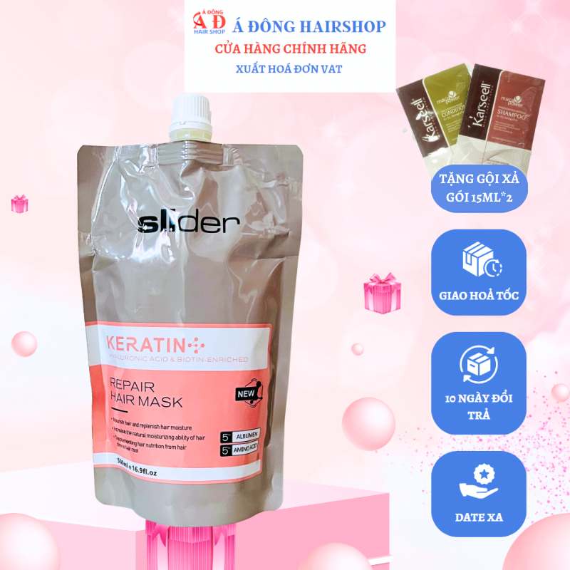 Dầu hấp ủ tóc Slider Keratin Amino acid phục hồi mềm mượt chắc khoẻ tóc 500ml + Gội xả gói Karseell 15ml