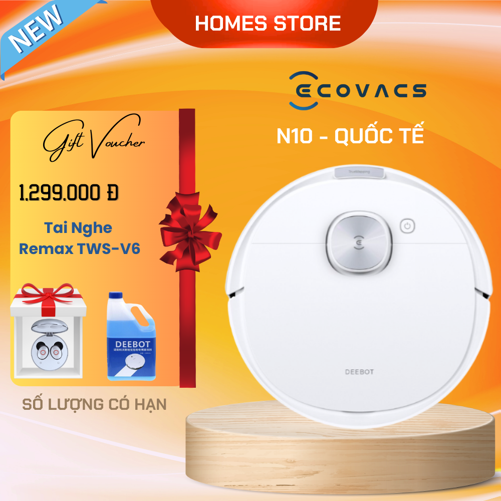 Robot Hút Bụi Lau Nhà ECOVACS Deebot N10 Kết Nối App Lực Hút 4300 Pa Phù Hợp Diện Tích 300m2, Công Suất 40 W - Hàng Chính Hãng