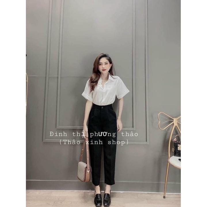 Sét áo sơ mi trắng cộc tay và quần vải baggy siêu đẹp