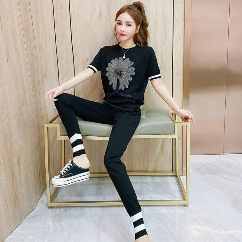 Set bộ thun đính đá hoa cúc phôis viền bo lai