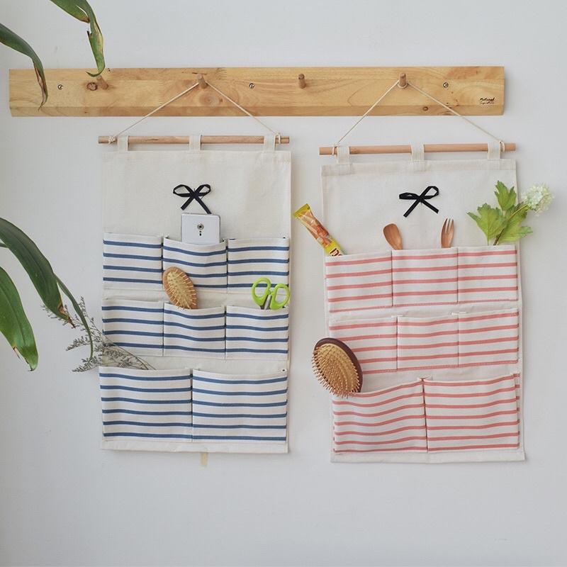 Túi treo tường 8 ngăn tiện dụng decor phòng chống thấm nước - Túi vải Canvas đựng đồ 8 ngăn hoạ tiết sọc ngang