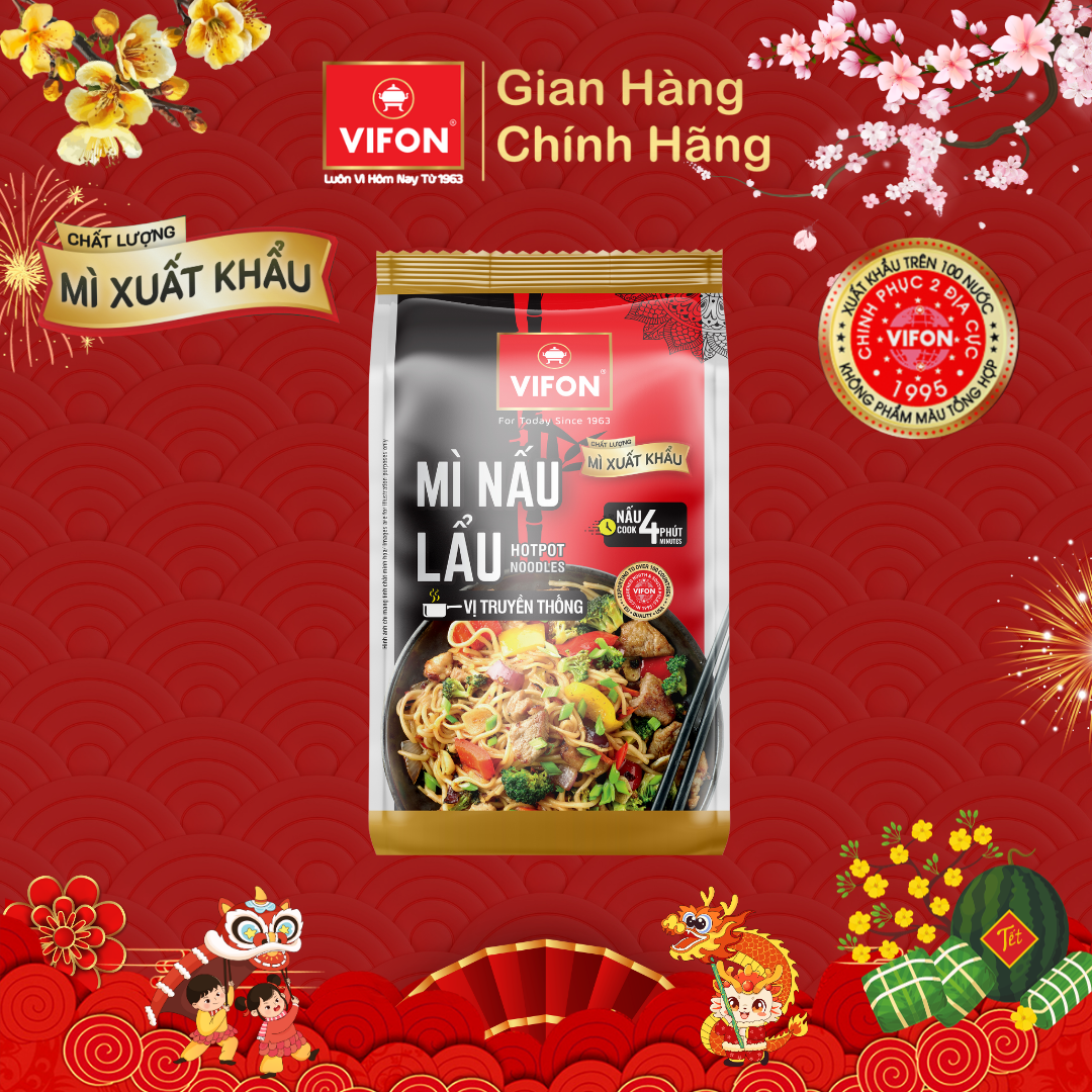Thùng 12 gói Mì nấu lẩu vị truyền thống Chất lượng xuất khẩu 300gr/gói/4 vắt