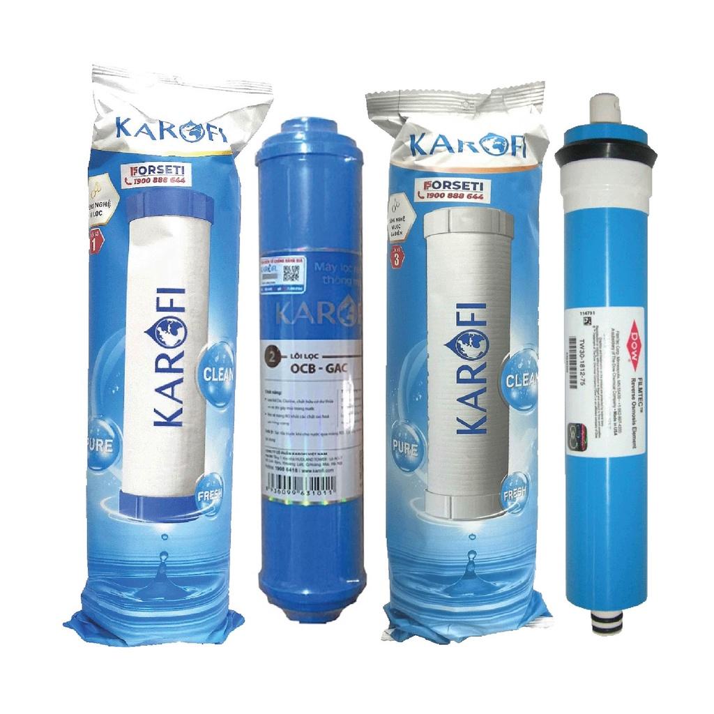 Combo bộ 3 lõi lọc thô 123 và 1 màng RO 50gpd cho máy lọc nước Karofi Ne - Hàng Chính Hãng