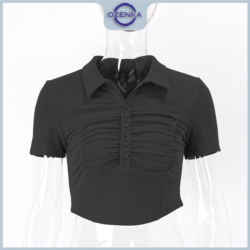 Áo croptop polo cài khuy nhún giữa cộc tay nữ ozenka ,áo thun crt ngắn vạt bầu kiểu màu đen trắng mặc đi học đi chơi