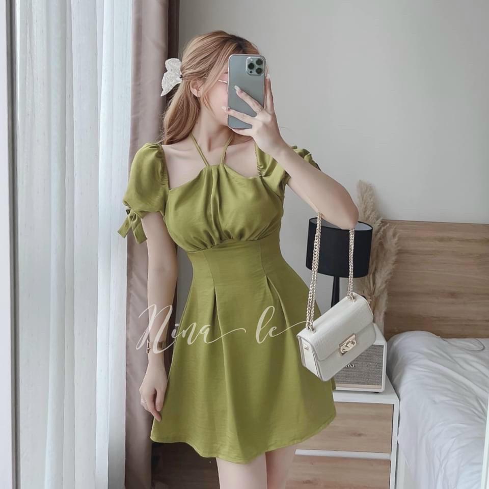 Đầm váy nữ cổ kiểu yếm tay ngắn buộc nơ ôm eo dáng xòe gợi cảm, quý phái cho nàng dự tiệc