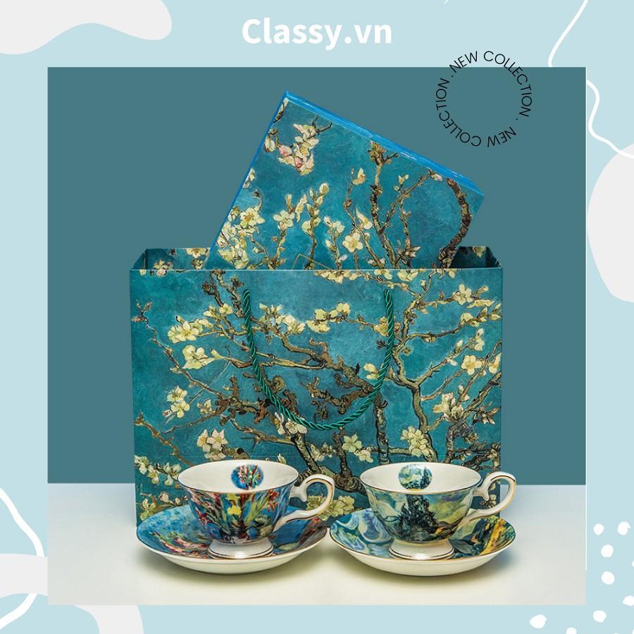 Túi giấy họa tiết hoa tuyết mai Classy màu xanh cớ lớn, làm quà tặng, đựng hoa, đi shopping tiện lợi Q1501