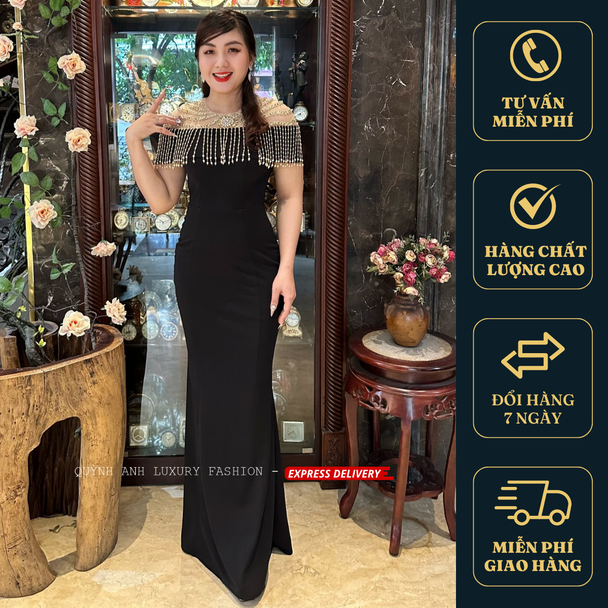 Đầm Dạ Hội Đen Đuôi Cá Cổ Tròn Phối Lưới Cao Cấp Otis Dress