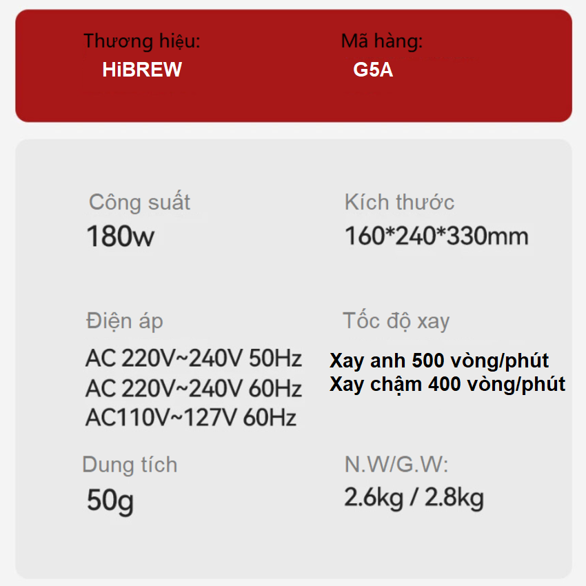 Máy xay hạt cà phê chuyên nghiệp Single Dose, tích hợp 36 chế độ xay. Thương hiệu Mỹ cao cấp HiBREW-G5A. HÀNG CHÍNH HÃNG