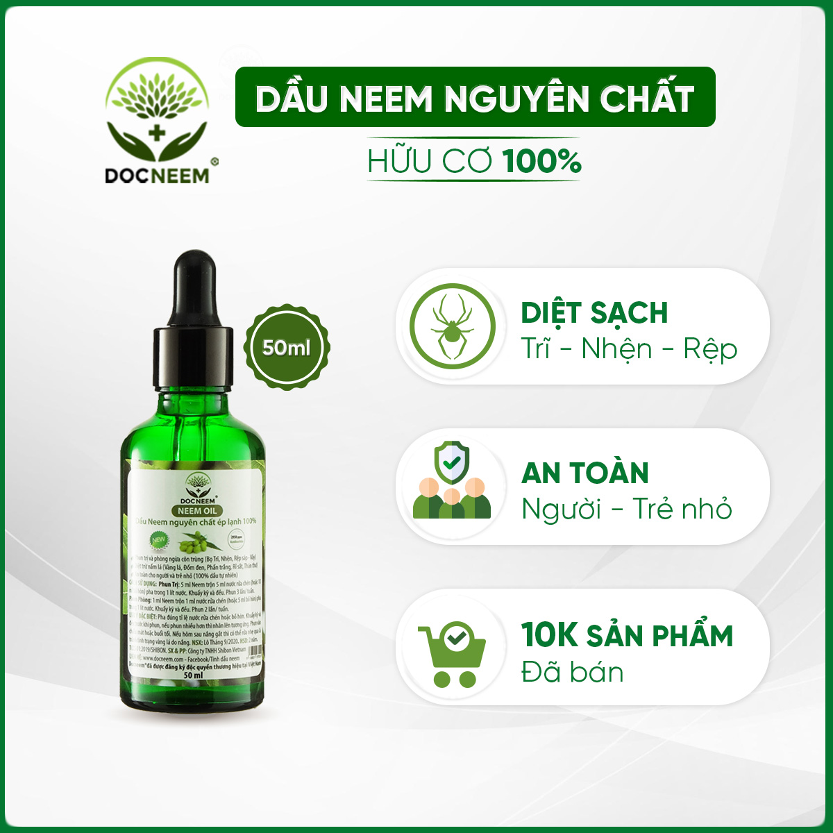 Dầu neem hữu cơ DOCNEEM, chai 50ml, phòng trị sâu bệnh hoa hồng, phong lan, cây cảnh, dầu neem oil nguyên chất ép lạnh