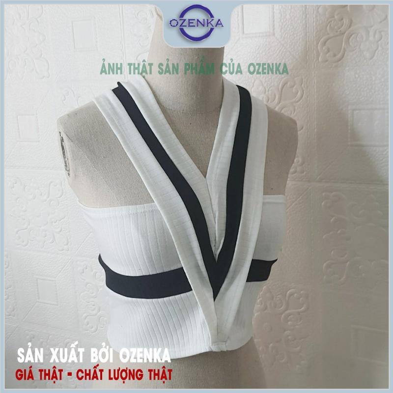 Áo croptop sát nách cổ chữ V kẻ sọc phong cách âu mỹ dệt kim OZENKA hai dây bản to vải gân 100% cotton mềm mịn