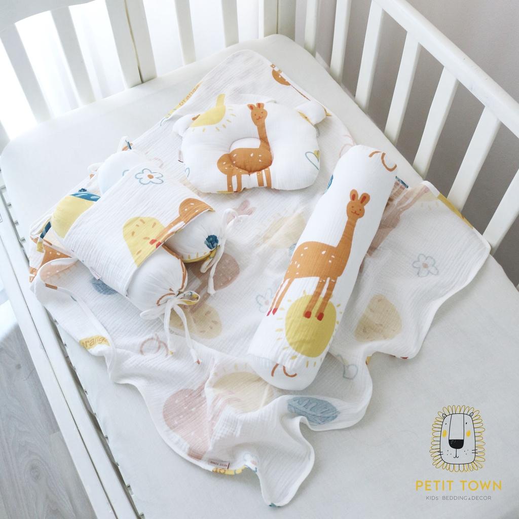 Combo Set Đồ Sơ Sinh 4 Món Vải Xô Muslin (Gối Chống Bẹp Đầu, Gối Chặn, Gối Ôm, Khăn Ủ)