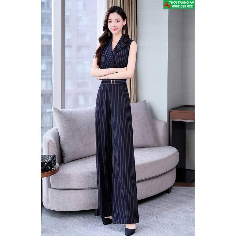 Jumpsuit - Đồ bay dài ống suông cổ vest kẻ sọc thắt lưng kèm belt - AV6462