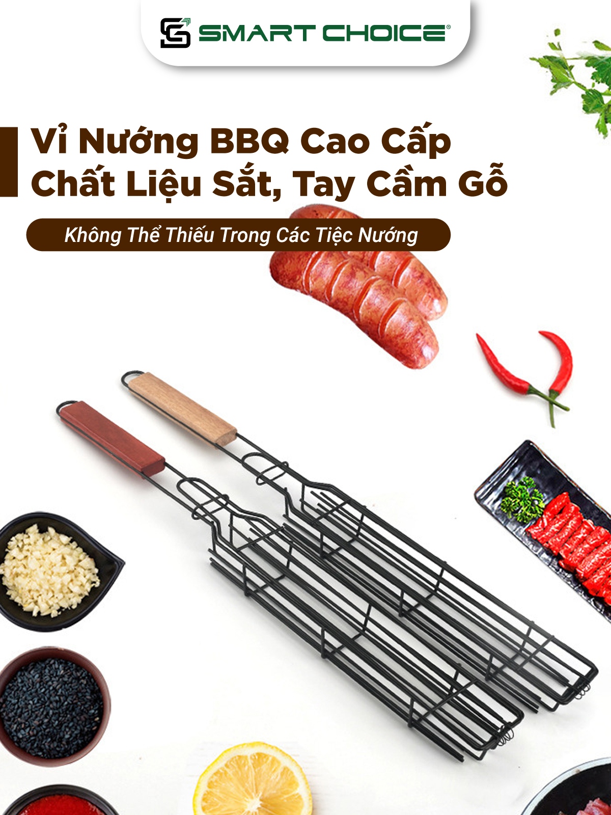 Vỉ Nướng BBQ 2 Màu SMARTCHOICE Cao Cấp Chất Liệu Sắt- Tay Cầm Bằng Gỗ Tiện Dụng SCG-PK086