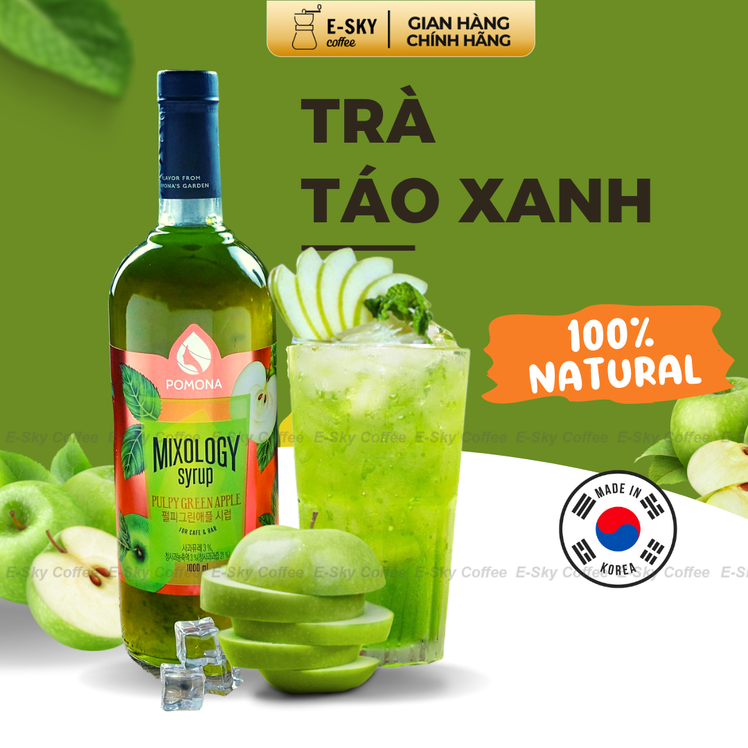 Siro Táo Xanh Pomons Pulpy Green Apple Syrup Nguyên Liệu Pha Chế Hàn Quốc Chai Thủy Tinh 1 lít