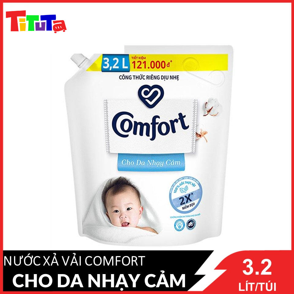 Nước xả làm mềm vải 3.2L Comfort Chăm sóc dịu nhẹ Cho da nhạy cảm, phù hợp với em bé Công thức riêng dịu nhẹ sử dụng nguyên liệu chính từ 100% nguồn gốc thực vật để sản xuất hoạt chất làm mềm vải