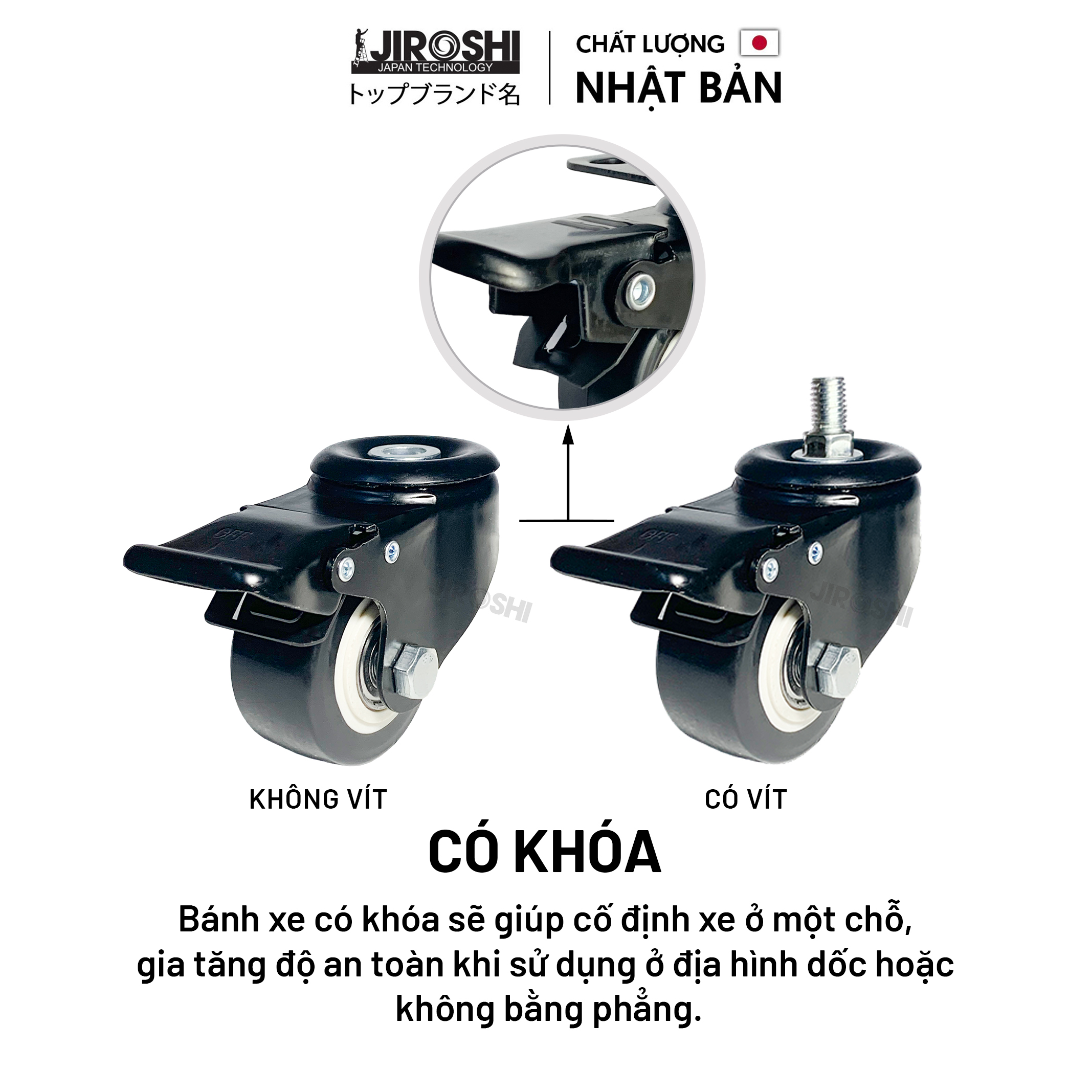 Bánh xe đẩy xoay 360 có khóa, bánh xe nhựa pvc có ổ bi 65mm.