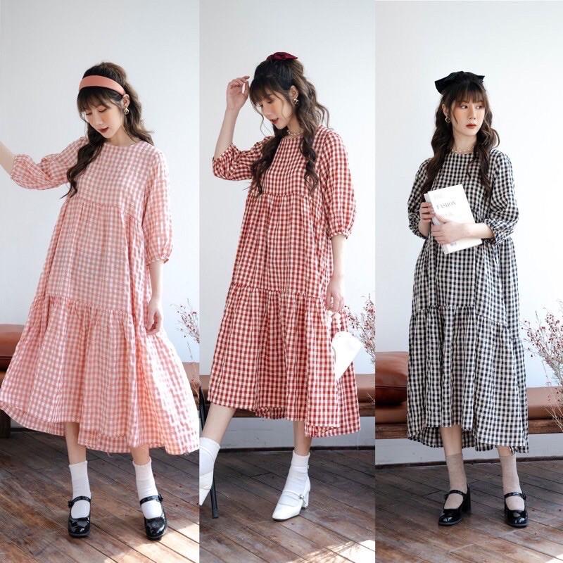 Đầm babydoll dáng xuông kẻ caro siêu xinh