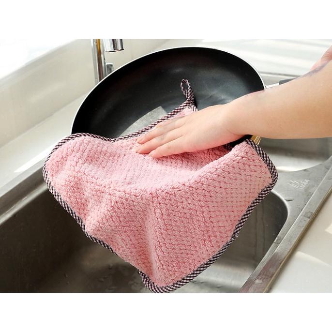 Khăn lau tay treo tường nhà bếp, bát đĩa, cốc chén thấm nước chống dính dầu mỡ hai mặt loại to 25x27.5cm -
