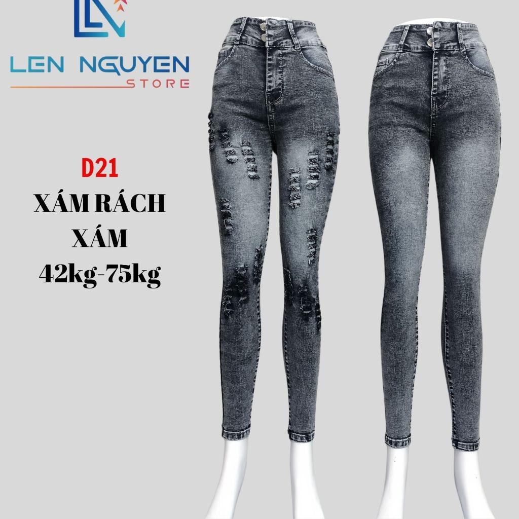 D21_Quần jean nữ, dài, lưng cao, quần bò nữ dáng ôm, quần rin nữ có big size, cho 42kg đến 75kg,LEN NGUYEN STORE - Xám Rách