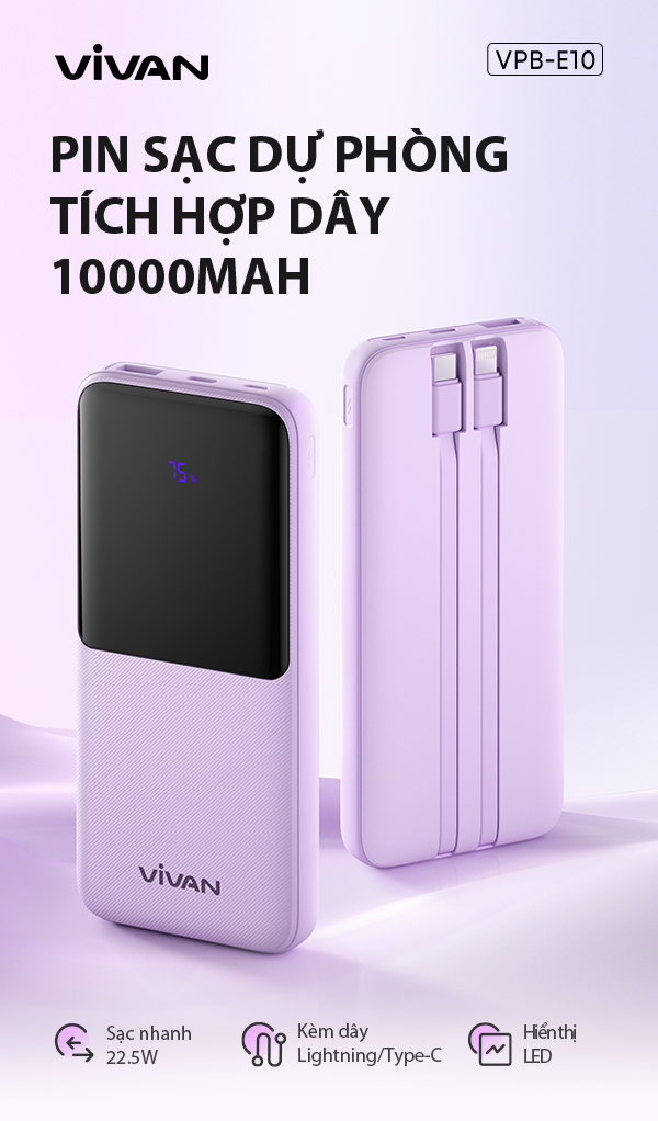 Pin Sạc Dự Phòng Tích Hợp Dây 10.000mAh VIVAN VPB-E10 – Sạc Cùng Lúc 4 Thiết Bị, Hiển Thị LED, Công Suất 22.5W, Sạc Nhanh PD/QC 3.0 - HÀNG CHÍNH HÃNG