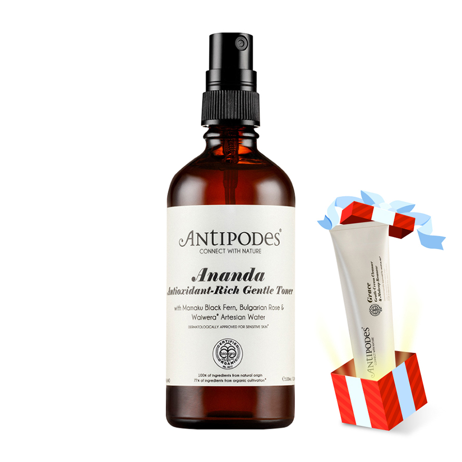 Nước Hoa Hồng Dịu Nhẹ Antipodes Ananda Antioxidant-Rich Gentle Toner 100ml (TẶNG Sữa Rửa Mặt Hỗ Trợ Tẩy Trang Dành Cho Da Nhạy Cảm Antipodes Grace Gentle Cream Cleanser &amp; Makeup Remover 120ml)