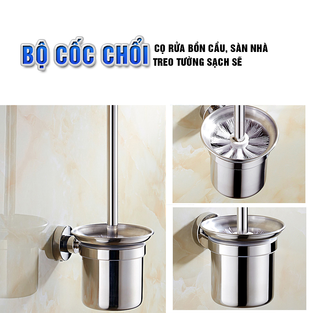 Bộ cốc chổi cọ bồn cầu, toilet nhà vệ sinh, sàn nhà treo tường, có giá đỡ bằng Inox 304 kháng khuẩn, không cần khoan, DAN HOUSE 3.11.11