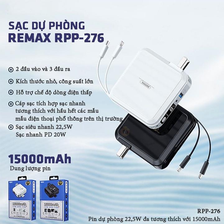 Cốc sạc nhanh kiêm pin sạc dự phòng đa năng Remax RPP-276 15000mAh tích hợp cáp sạc type C và iphone