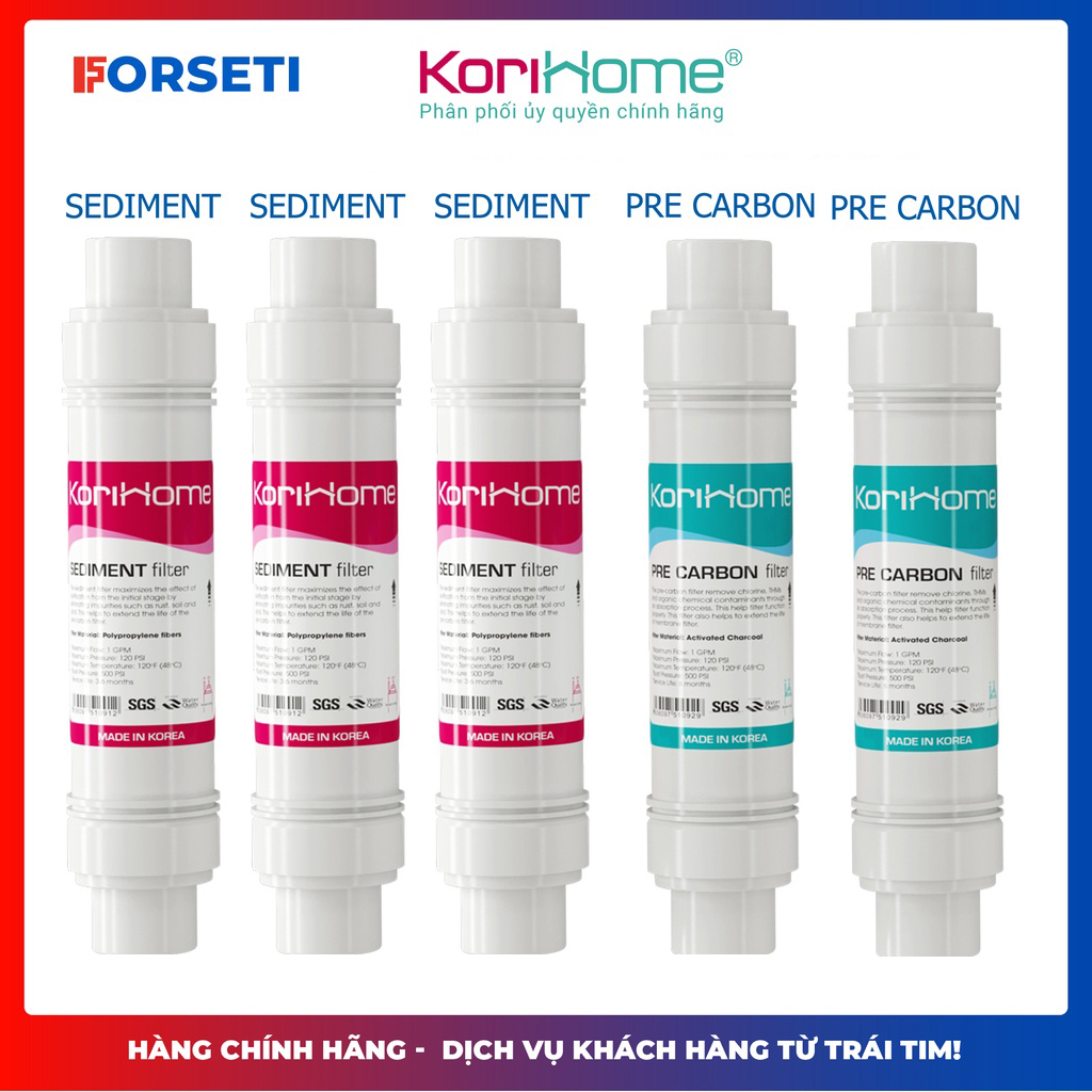 Combo 5 lõi lọc nước Korihome 3 sediment 2 Pre carbon - Hàng chính hãng dùng cho các máy Wpk-G61, G-60S