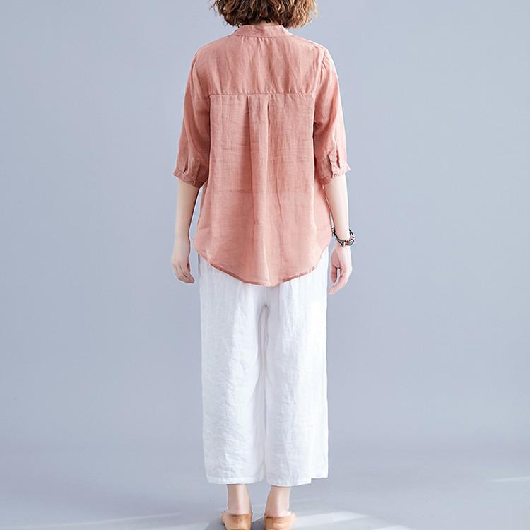 Áo sơ mi nữ cổ trụ tay lỡ trẻ trung, chất liện linen mềm mát, thời trang phong cách trẻ
