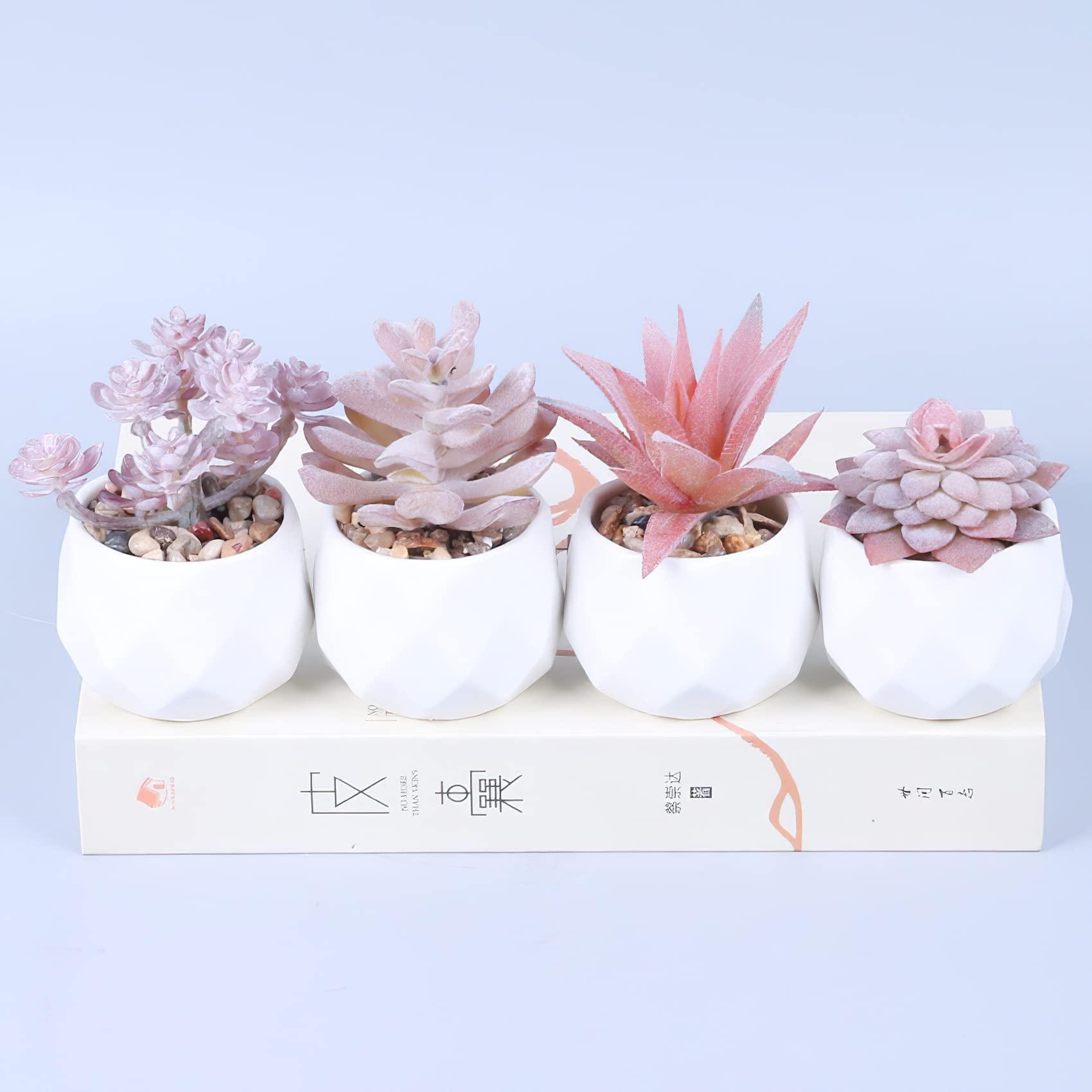 4 CÁI Cây mọng nước nhân tạo, Chậu cây giả mini có chậu trắng, Cây xanh giả trang trí bàn, nhà, văn phòng, trang trí ban công