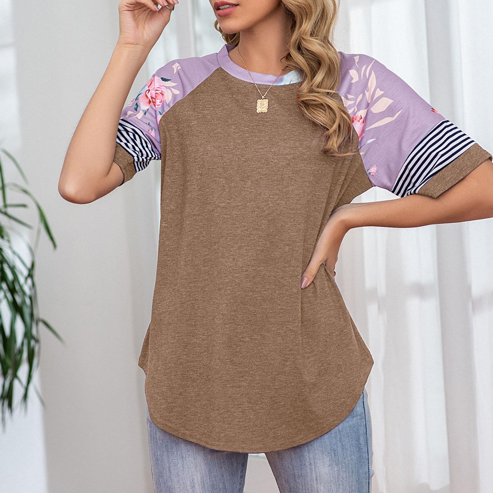 Women O-Neck Shirt Raglan Short Sleeve Splicing Floral Stripes Print Loose Fit Pullover Casual Summer Tops