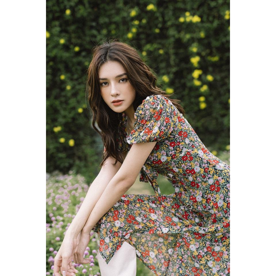 Đầm hoa nền đen buộc nơ ngực Maya dress
