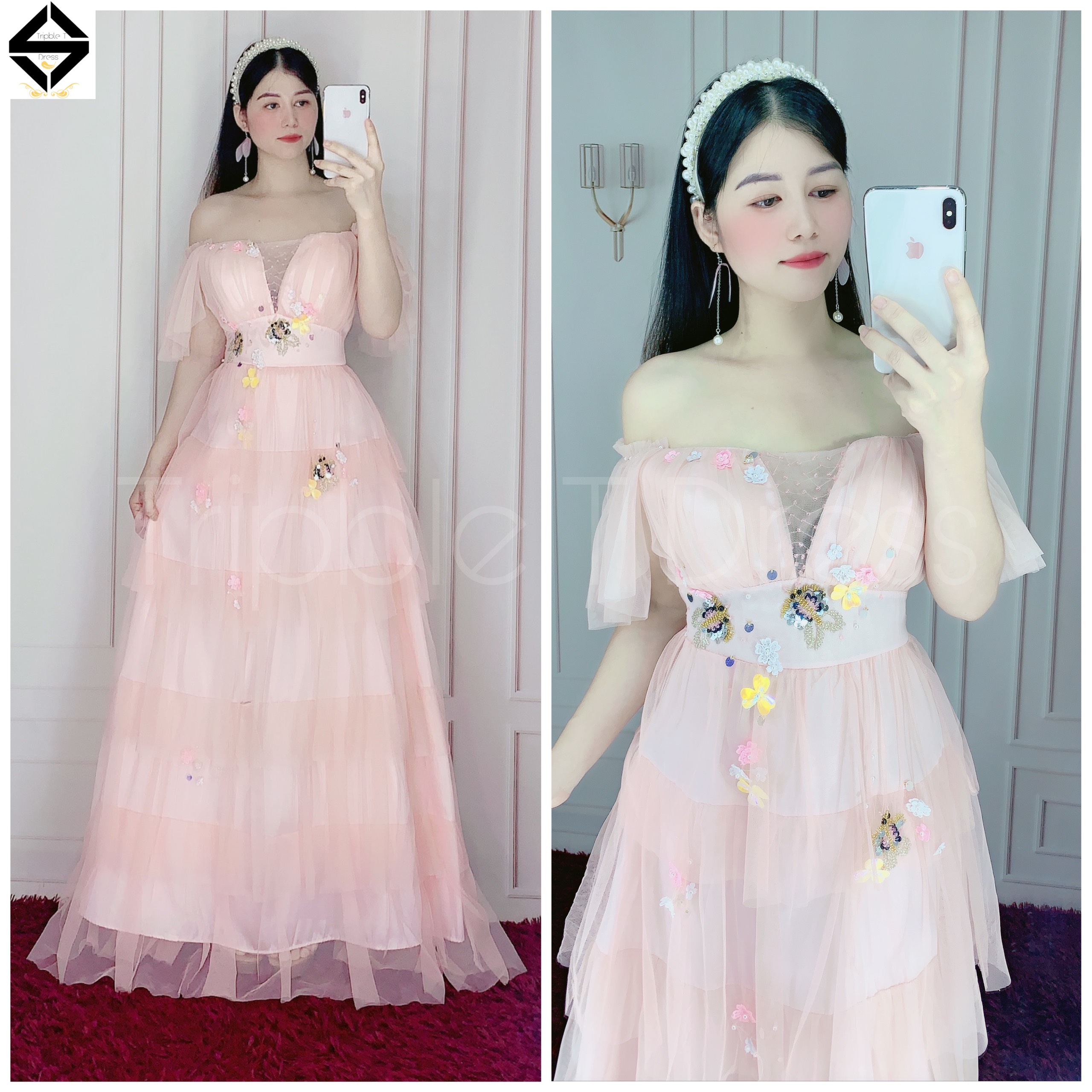 Đầm maxi bẹt vai xếp tầng kết cườm hình bướm TRIPBLE T DRESS - size M/L - MS312V