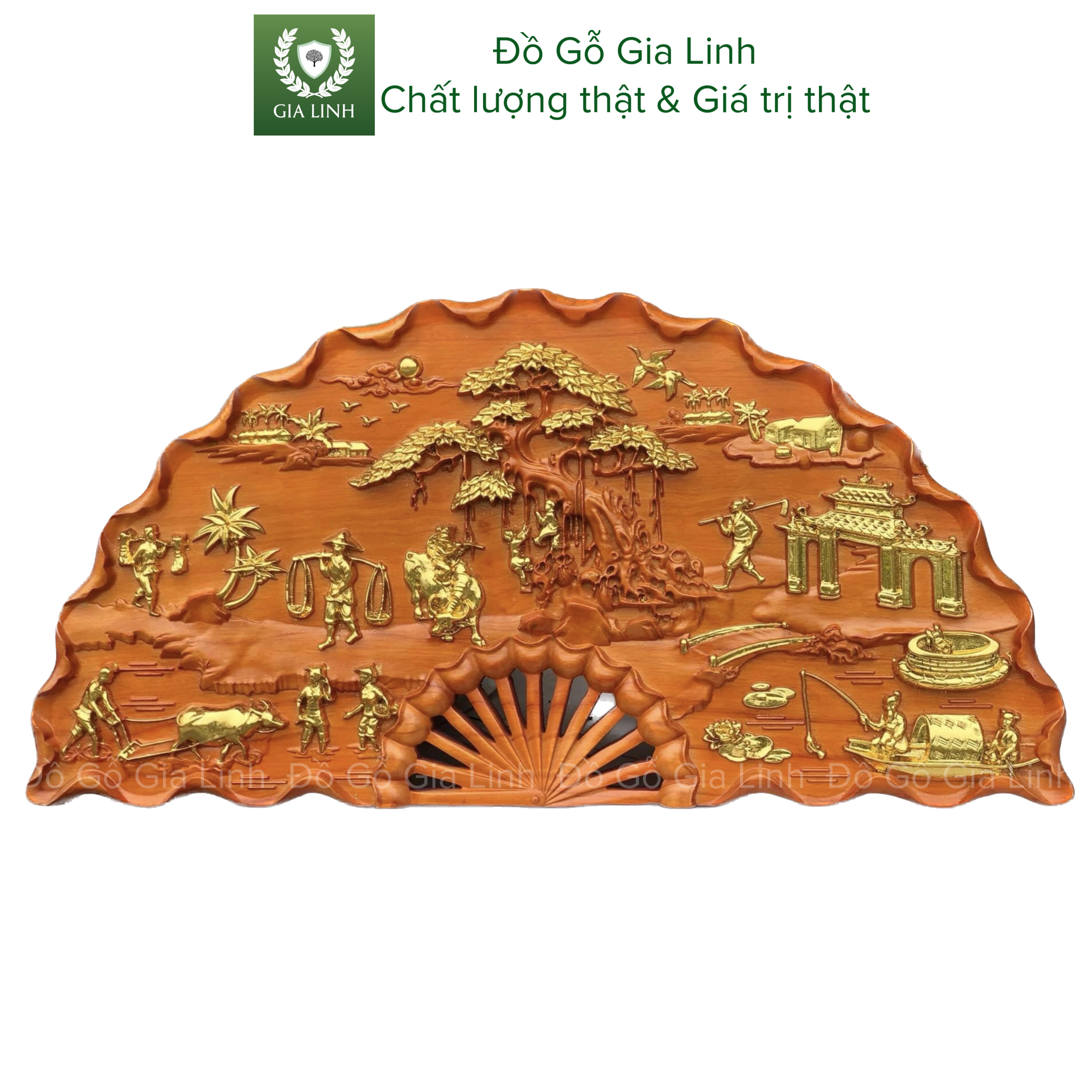 Tranh quạt gỗ Đồng quê Đồ Gỗ Gia Linh gỗ Hương đỏ liền khối KT 1m x 50cm x 4cm