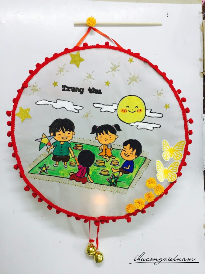 Lồng đèn tre tròn đã trang trí - Ăn cỗ Trung thu