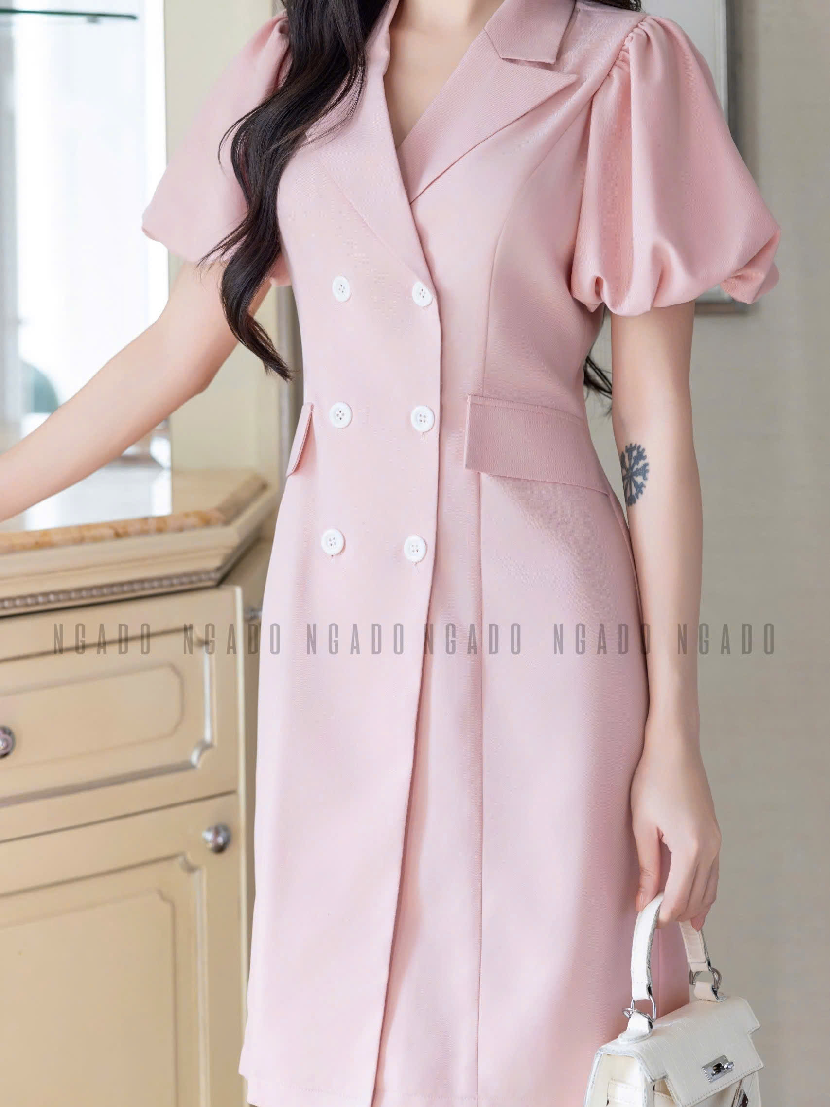 Đầm hồng cổ vest tay phồng NGADO , đầm thiết kế , đầm công sở , đầm dự tiệc