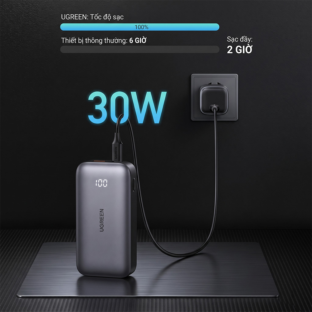 Sạc dự phòng Ugreen Nexode Power Bank 1USB 2Type-C 30W 10000mAh PB502 25185 - Hàng chính hãng