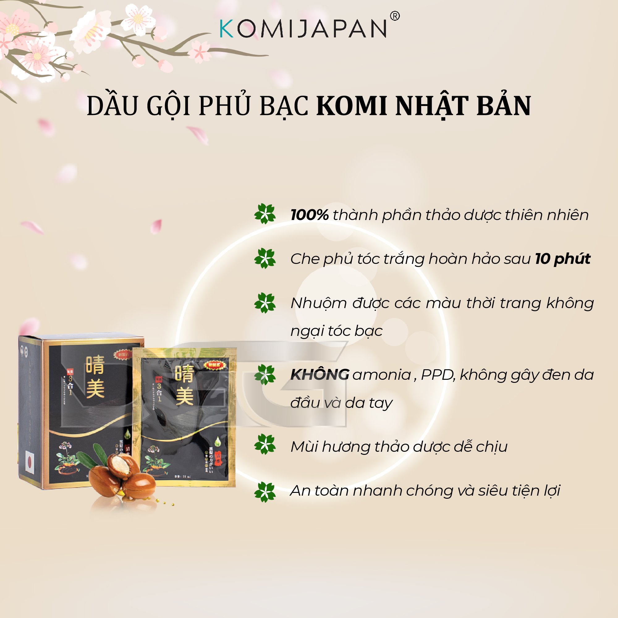 Gói dầu gội phủ bạc thảo dược thiên nhiên Komi Nhật Bản [25ml/Gói - Nâu Đen]