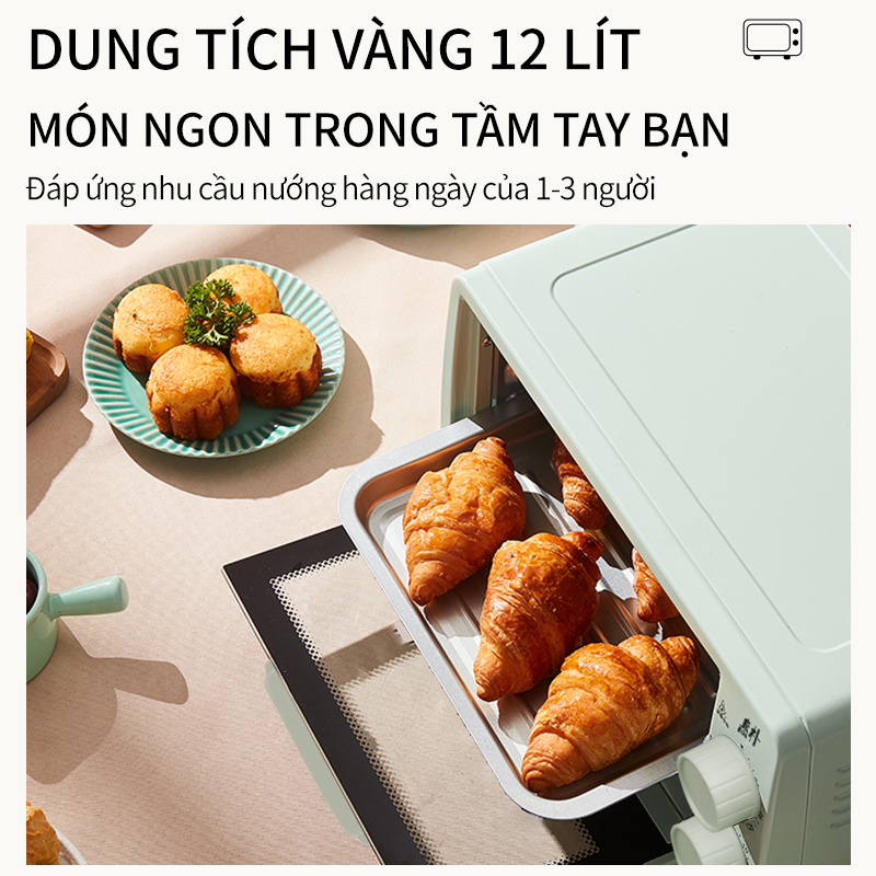 Lò nướng mini 12L màu xanh mint pastel, có tính năng hẹn giờ tự động