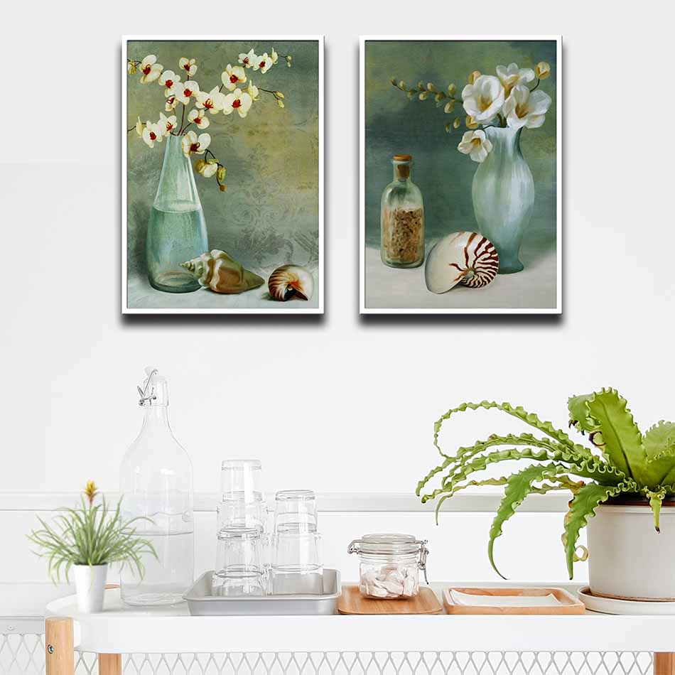 Bộ 2 tranh canvas treo tường Decor Họa tiết bình hoa sơn dầu - DC187