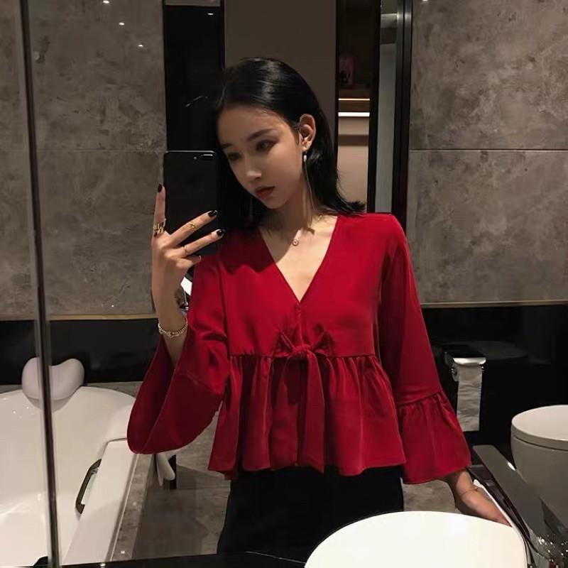 Áo babydoll croptop thắt nơ ngực màu đỏ đô