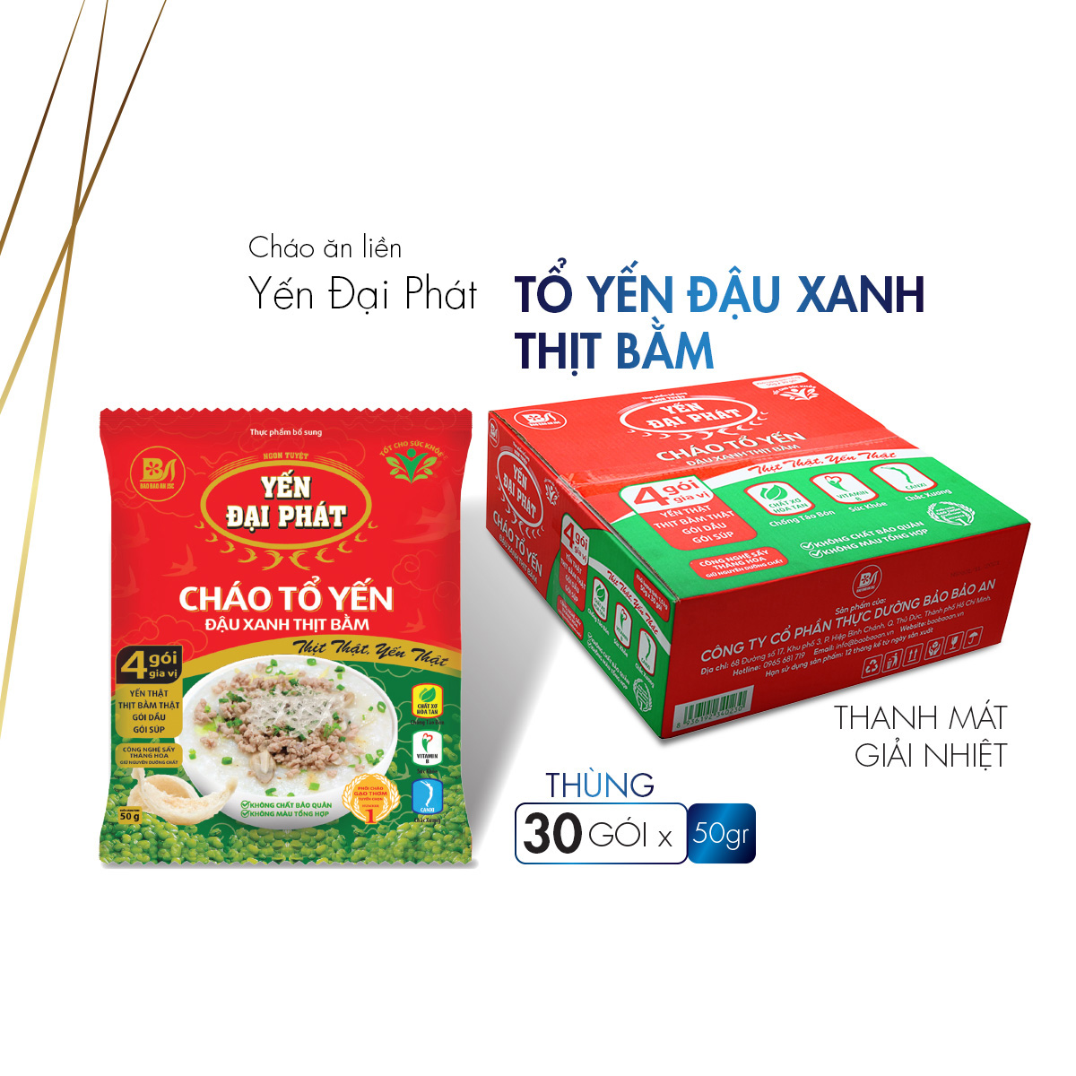 [Thùng 30 gói x 50gram] Cháo Tổ Yến Đậu Xanh Thịt Bằm - Yến Đại Phát , 4 gói gia vị, ăn liền, tiện lợi.