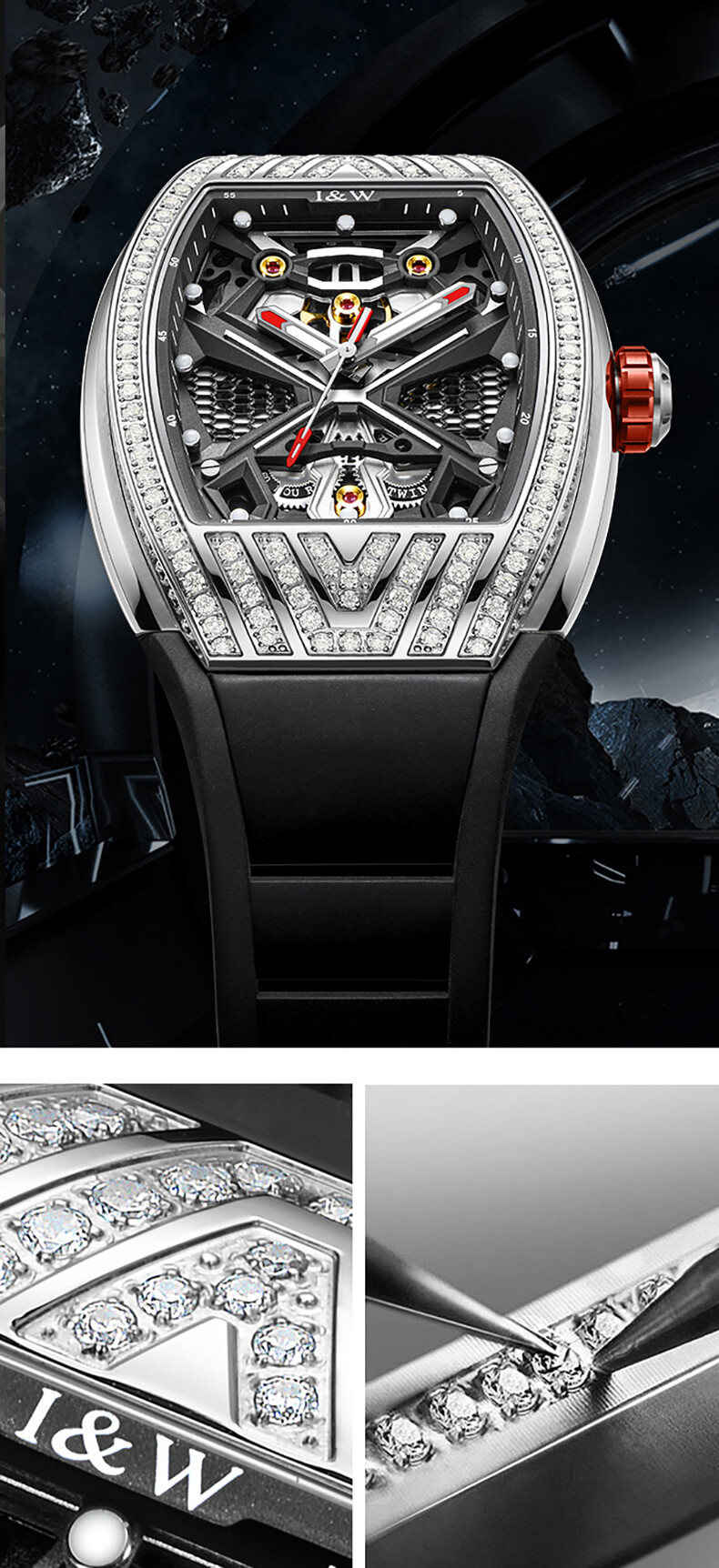 Đồng hồ nam chính hãng I&amp;W Carnival 760G-S2 Kính sapphire chống xước,Chống nước 50m,BH24 tháng,máy Automatic ( cơ) ,dây cao su chính hãng chống nước tuyệt đối,vỏ thép không gỉ bền bỉ