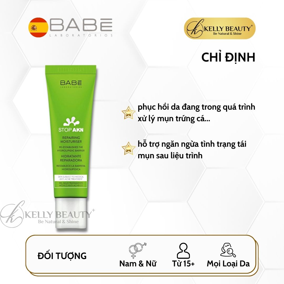 Kem Dưỡng Phục Hồi Da BABE STOP AKN Repairing Moisturiser - Chống Viêm, Ngừa Mụn, Nuôi Dưỡng Da | Kelly Beauty