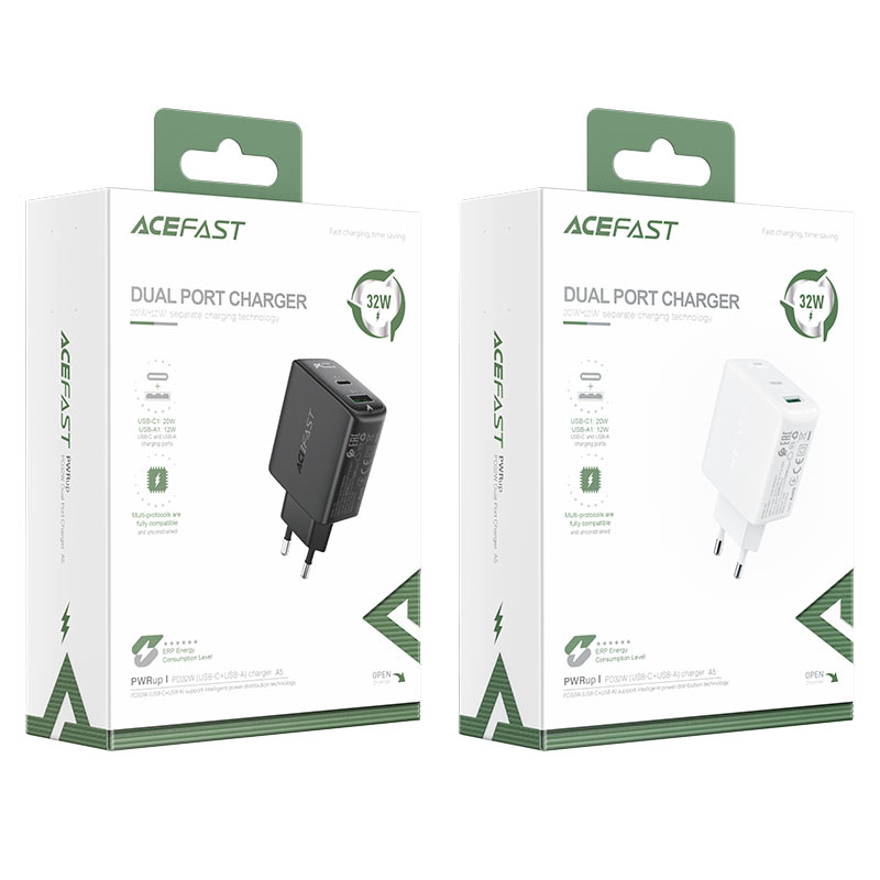 Adapter Sạc Acefast PD 3.0 32W 2 Cổng USB Type-C USB A Chuôi Tròn EU A5 - Hàng Chính Hãng